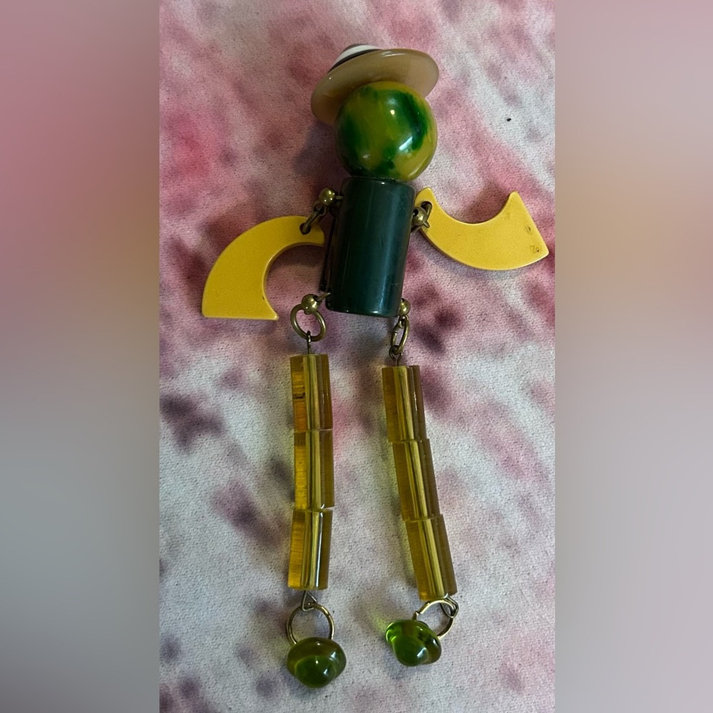 Vintage Figural Articulated Bakelite Crib Toy style Brooch